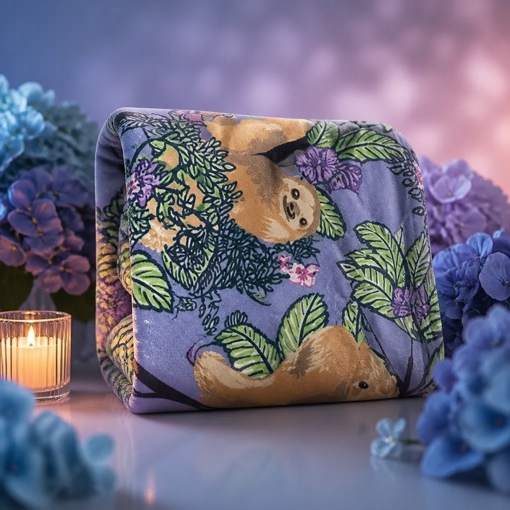 Vera Bradley Sloth Patterned Plush Blanket Purple Tropical Foliage 60 x 90